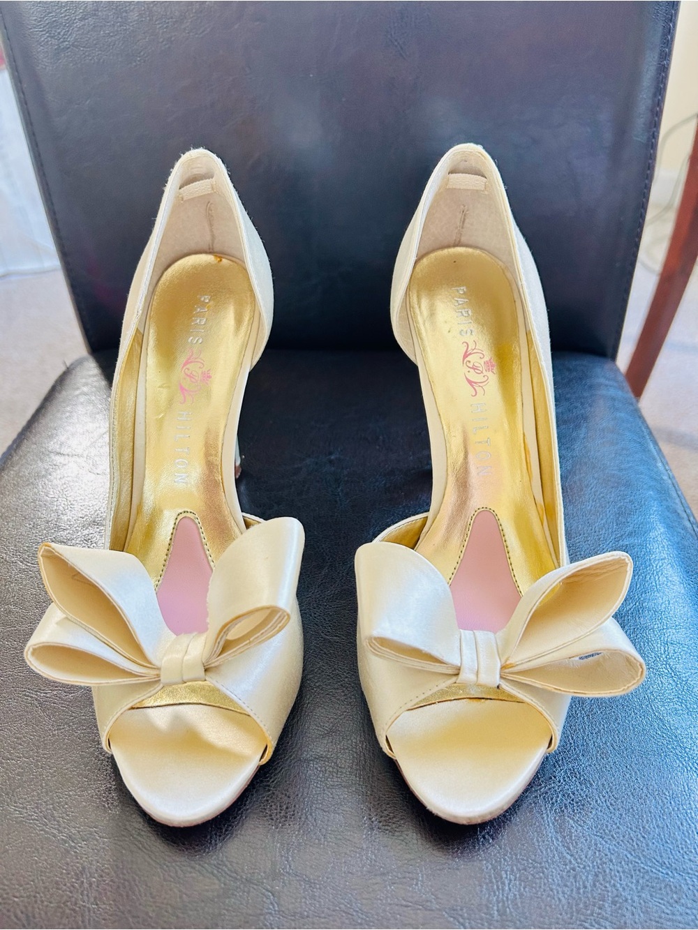Paris Hilton Satin Cream Peep-Toe Heels with Bow Accent